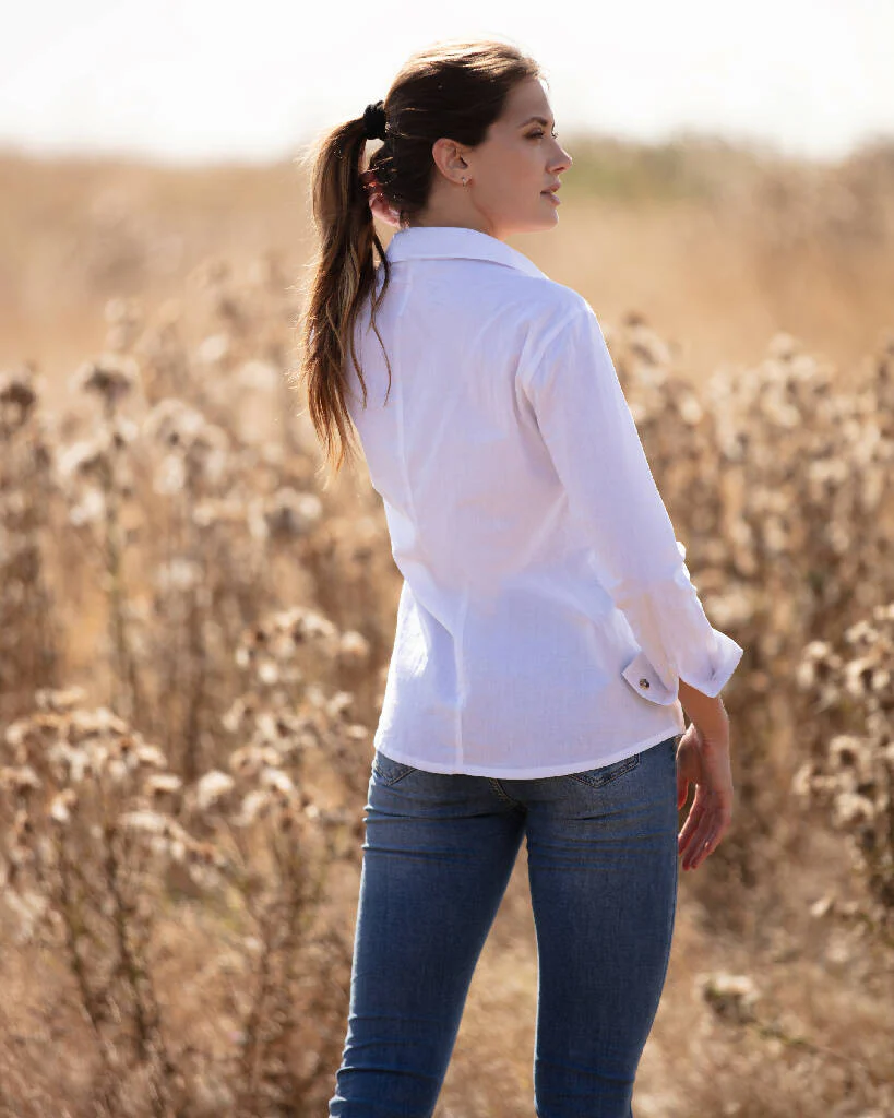 White Cotton Shirt with Liberty Print Trim - Image 3