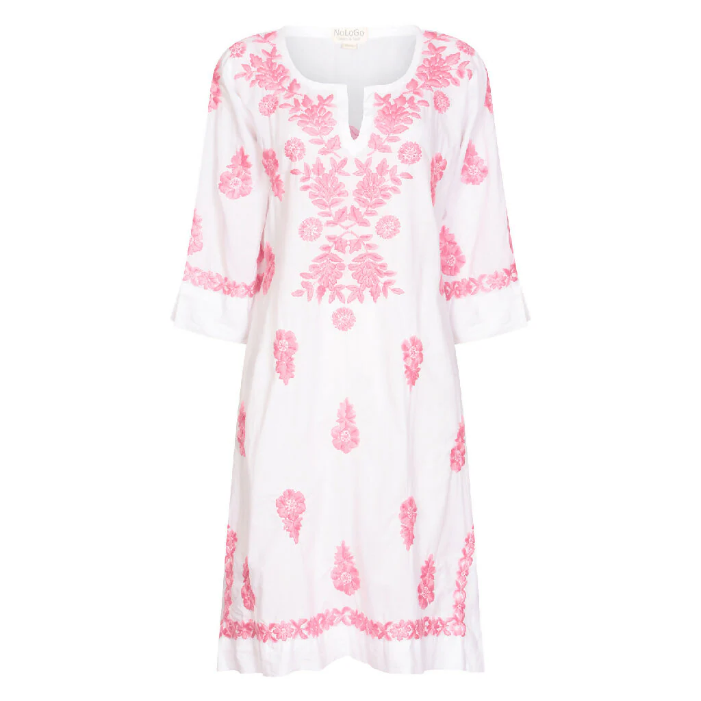 White Harriet Dress with Pink Hand Embroidery - Image 2
