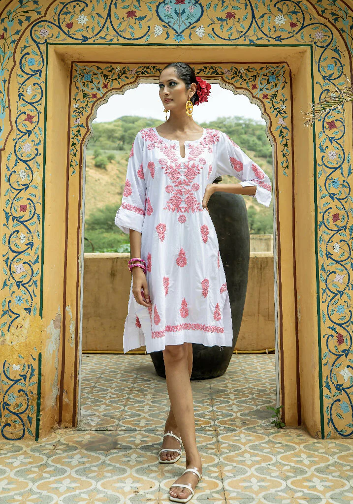 White Harriet Dress with Pink Hand Embroidery - Image 3