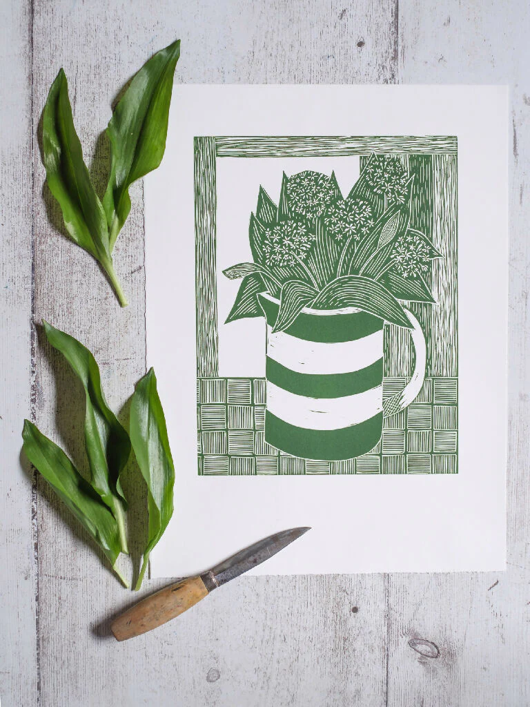 Wild Garlic in Cornishware Jug Limited Edition Lino Print