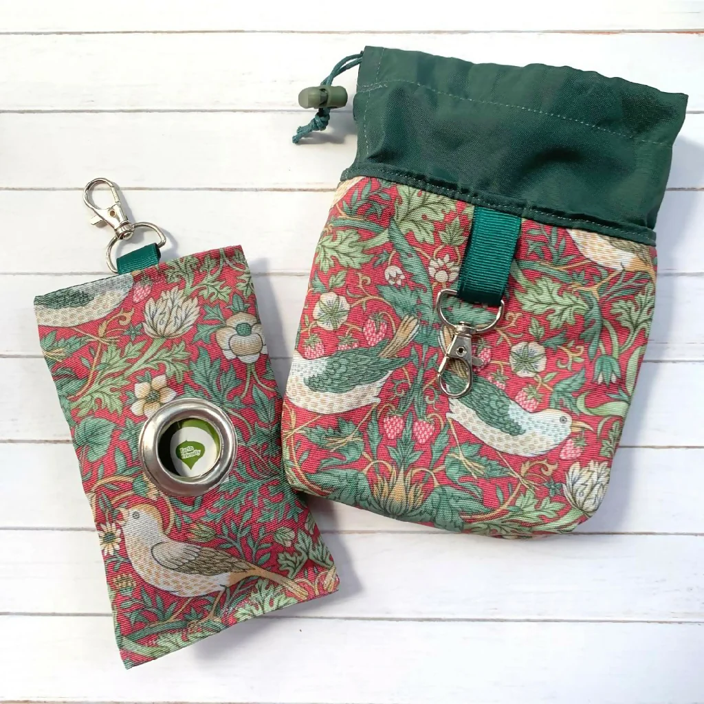 William Morris "Strawberry Thief" Treat Pouch & Poo Bag Pouch Gift Set in crimson