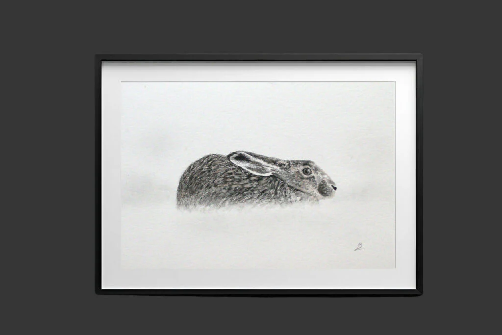 "Winter Hare", hare in the snow portrait, original artwork, 18x11.5cm - Image 2