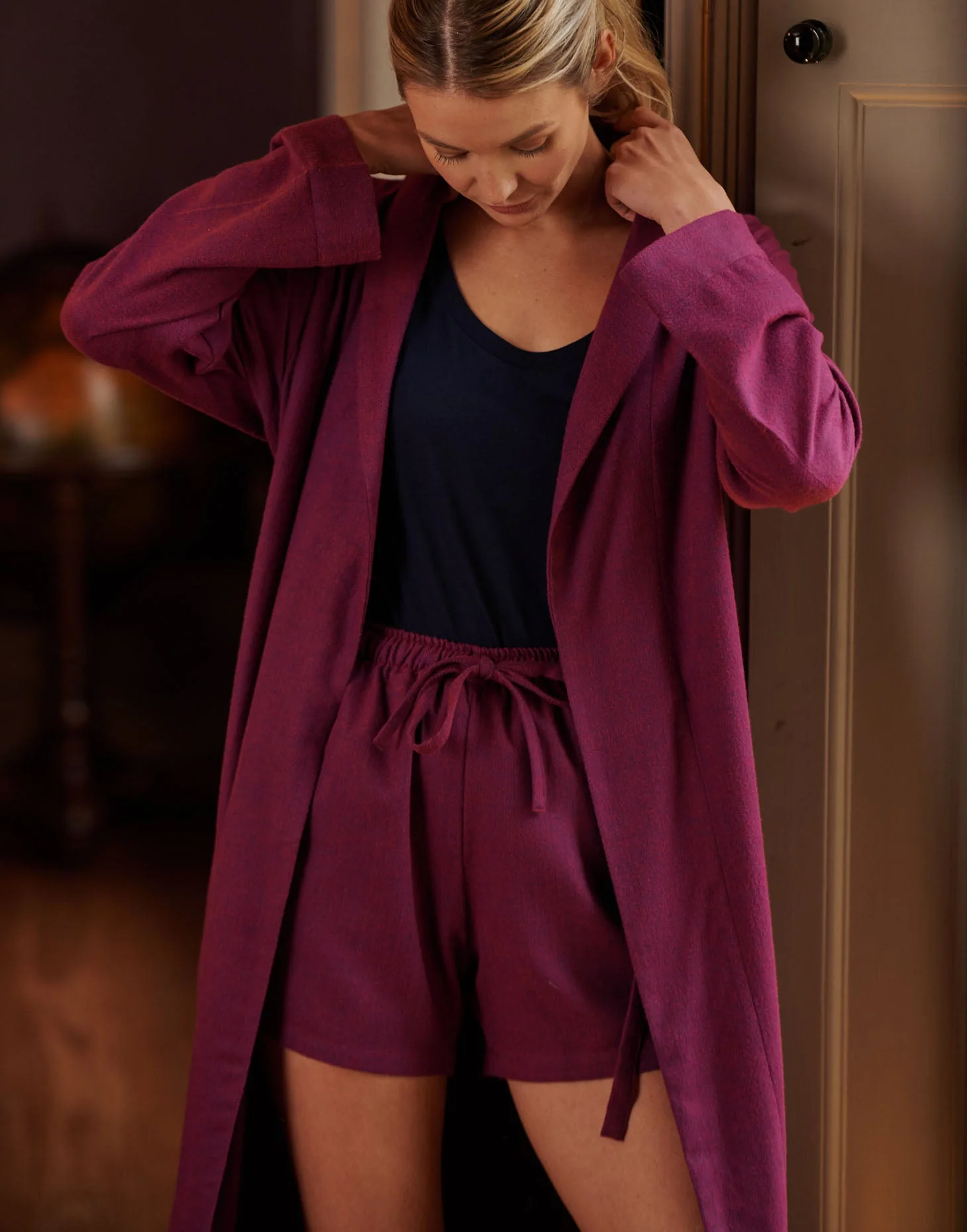 Women's Brushed Cotton Dressing Gown – Cahors Herringbone - Image 4