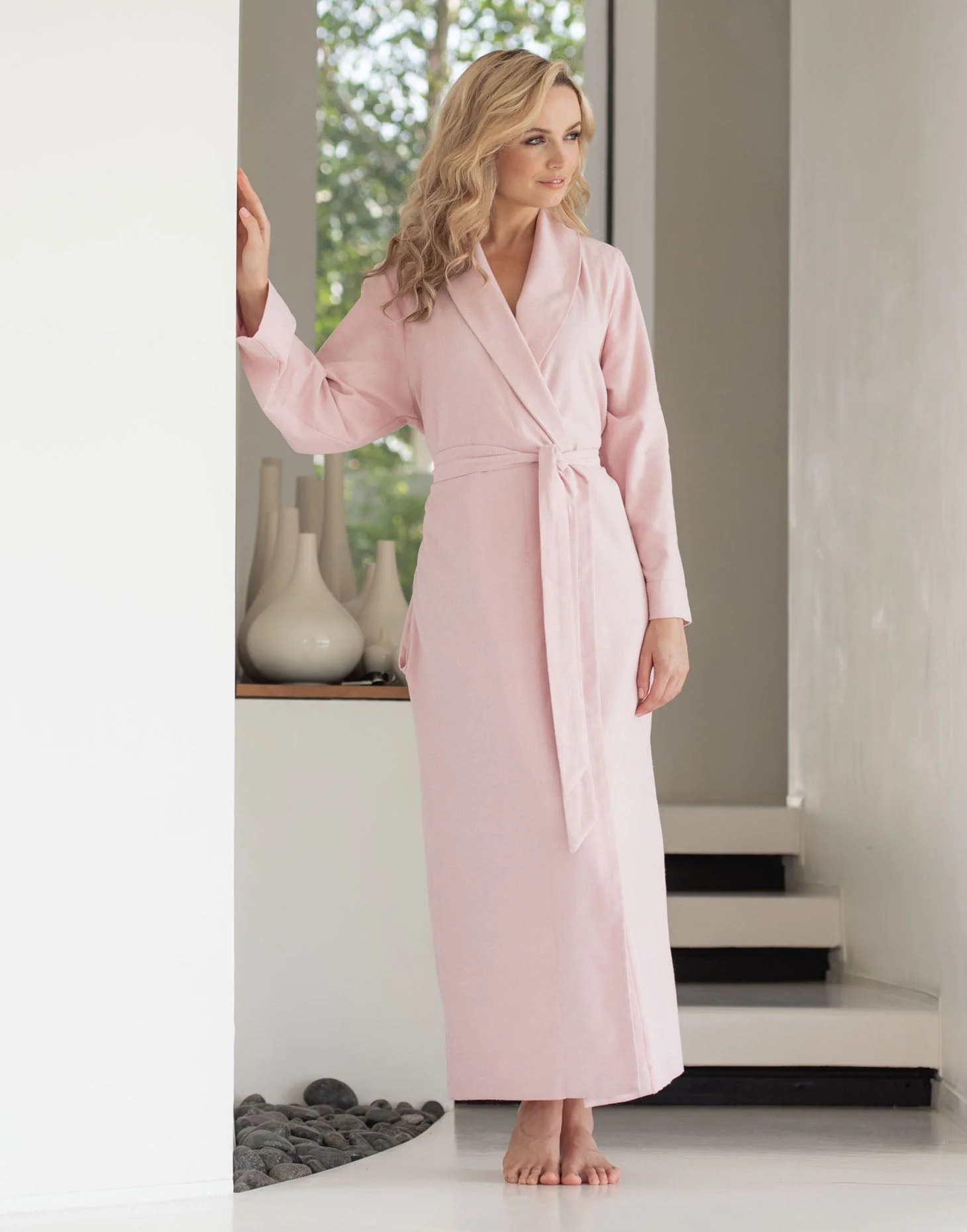 Women's Brushed Cotton Dressing Gown – Powder Pink Herringbone - Image 3
