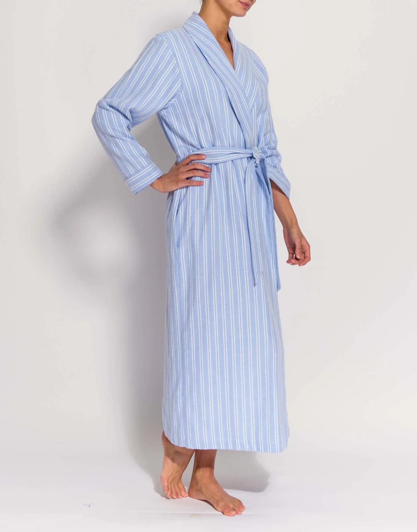 Women's Brushed Cotton Dressing Gown – Westwood Blue Stripe - Image 4