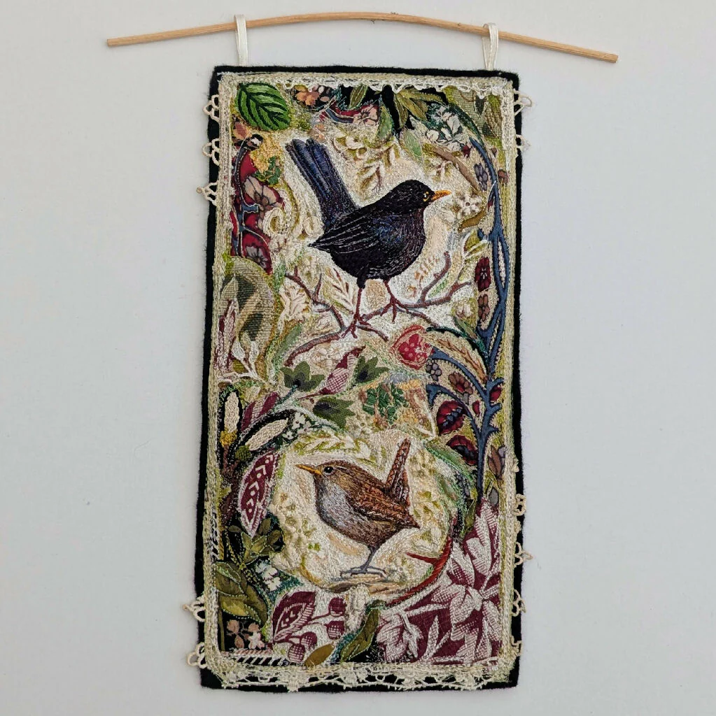 Wren and Blackbird- Textile embroidery hanging