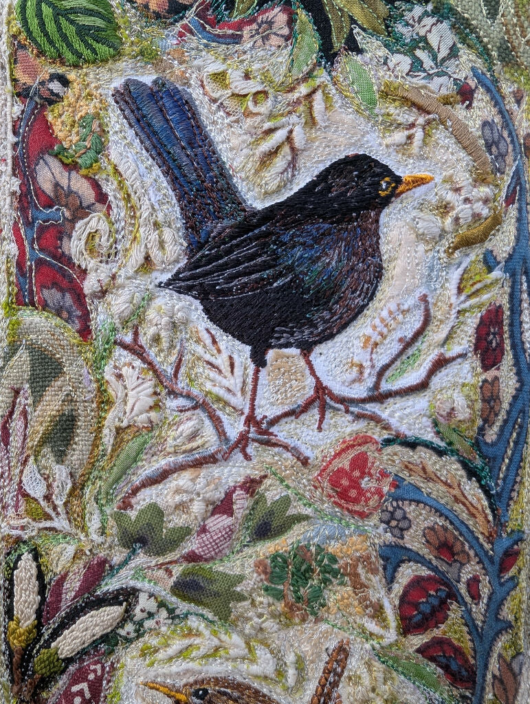 Wren and Blackbird- Textile embroidery hanging - Image 3