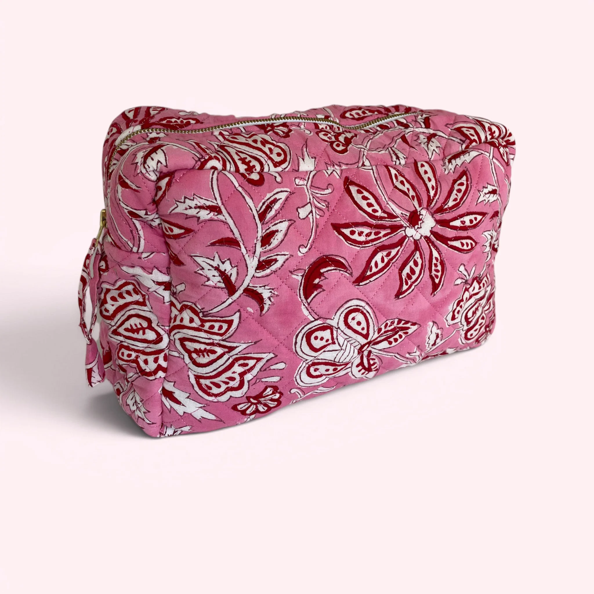 XL Toiletry Bag - Quilted Cotton Large Wash Bag in Pink and Red Flower Block Print - Image 2